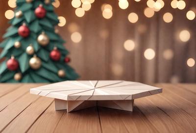 The primary subject of the image is a small wooden table with a white plate on top. The table is placed in front of a Christmas tree, creating a festive atmosphere. The setting is indoors, with the tree and table being the main focus of the scene. The visual style is a combination of photo and digital art, as the table appears to be a real object, but the Christmas tree and the overall composition are digitally created. The colors and mood of the image are predominantly white and warm, with the Christmas tree